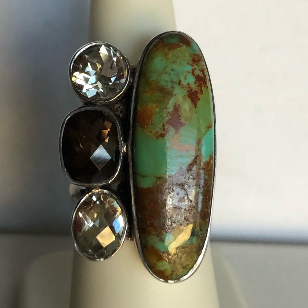 Sterling Silver Turquoise and Crystal Statement Ring - Green Brown